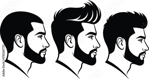 Vector illustration of modern men hairstyle variations with beard styles in profile view, stylish barber haircut design, male grooming concept