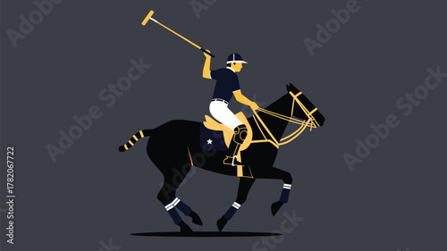 Elegant polo player riding black horse with mallet raised, ready for a striking shot in a dynamic competition, embodying classic sportsmanship.