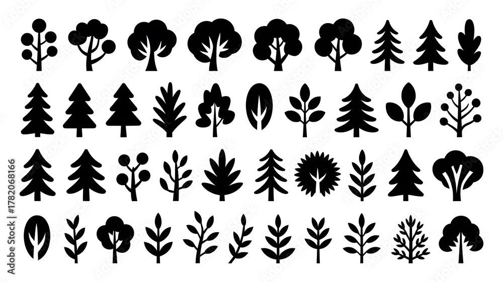 Obraz premium Diverse collection of black tree and leaf silhouettes isolated on white background