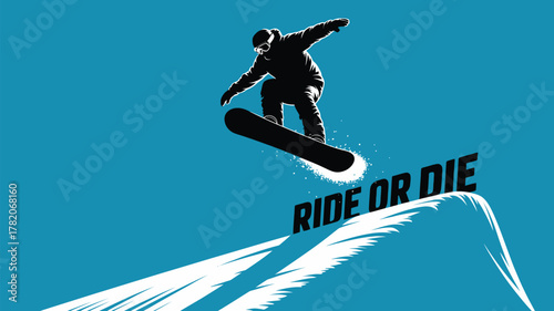 Extreme snowboarding action with a bold 'Ride or Die' message, perfect for sports enthusiasts and adrenaline-fueled marketing campaigns.