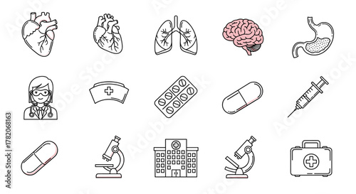 Vector line icon set representing medical and healthcare elements, including human organs like heart, lungs, brain, and stomach, alongside a doctor, nurse cap, pills, syringe, microscope, hospital
