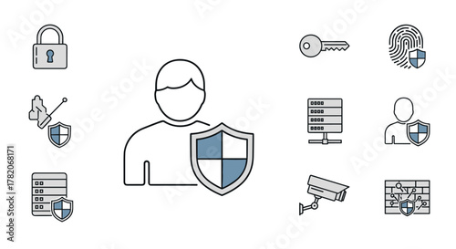A collection of minimalist security icons, including a person with a shield, a padlock, a key, a fingerprint, a server, a surveillance camera, a firewall, and a screwdriver with a shield, all