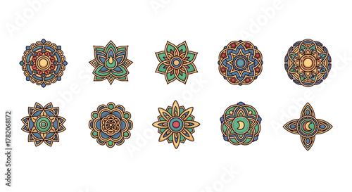 Set of 10 intricate and colorful mandala designs, presented as vector cartoon illustrations on a clean white background, perfect for adding a touch of elegance and cultural flair to various design