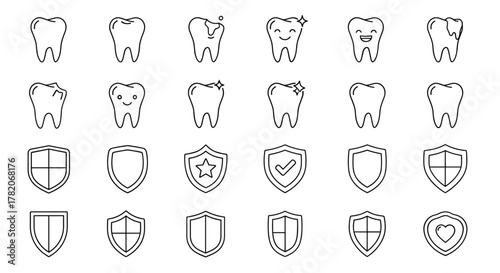 Collection of line art icons representing healthy and unhealthy teeth, alongside various shield designs symbolizing protection and security, perfect for dental care, health apps, and graphic design