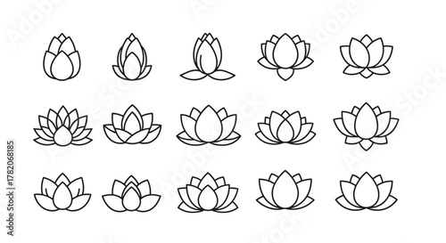 Set of stylized lotus flower icons in a clean, modern line art style, perfect for logos, branding, and design elements. These versatile vector illustrations capture the essence of purity
