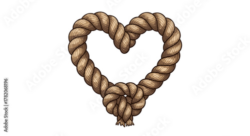 A beautifully rendered vector illustration of a heart shape meticulously crafted from thick, twisted nautical rope, complete with a secure knot at the bottom and frayed ends, isolated on a clean