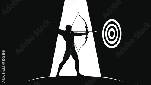Dynamic archer silhouette aiming at target in spotlight, illustrating focus, precision, and achieving goals in business, sports, and personal growth
