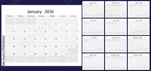 Monthly Calendar Layout for the Year 2026 on a Clean Dark Blue Background.