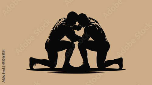 Intense arm wrestling match between two strong men, a silhouette of power and competition, perfect for sports and fitness branding or motivational content