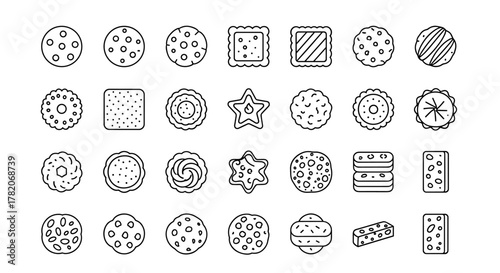 Collection of diverse line art cookie icons, showcasing a variety of shapes, textures, and patterns, presented on a clean white background for versatile design applications. This set includes round