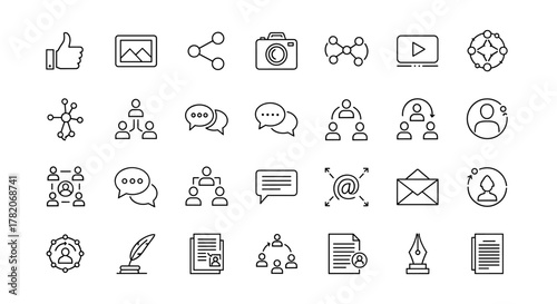 A comprehensive collection of social media and network line icons, featuring elements like a thumbs-up, image gallery, share icon, camera, network nodes, play button, and user profiles, alongside