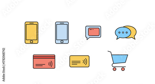 Vibrant and modern line icon set featuring essential digital commerce and communication elements: smartphones, payment cards with contactless technology, a shopping cart, and speech bubbles for
