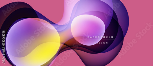 Abstract fluid shapes overlap, creating vibrant color gradients. Pink backdrop complements purple, yellow hues. Modern design element.