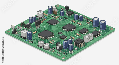Isometric view of a complex green electronic circuit board with various components including integrated circuits, capacitors, resistors, and transistors, showcasing intricate pathways and