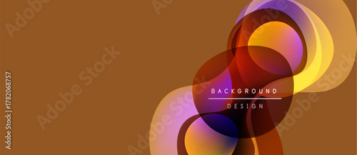 Abstract design features flowing shapes, vibrant colors. Gradient hues blend seamlessly, creating modern visual impact. Background is warm brown.