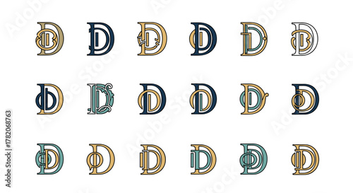 Set of 18 unique D monogram serif letter logo designs, presented in a clean, ordered grid on a white background. Each letter features distinct, elegant styling with a blend of navy, gold, and teal