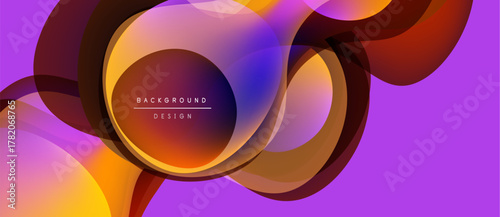 Abstract design features overlapping layers, vibrant colors. Purple, orange, brown hues create dynamic visual effect. Modern, fluid composition.
