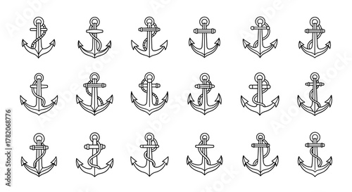 Collection of simple anchor icons with editable stroke, perfect for infographics, articles, books, flyers, and banners, presented as a vector cartoon illustration with a white background, symbolizing
