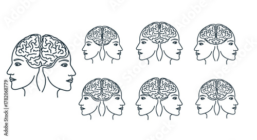 Conceptual vector illustration of two human profiles facing each other, forming the shape of a brain, symbolizing therapy, psychology, duality, and interconnected thought processes. Clean line art on