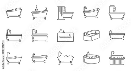 Collection of Bathtub Line Icons, Editable Stroke, Suitable for Web Sites, Books, Cards, Apps, Vector Cartoon Illustration with a White Background, Representing Various Bathing Styles and Designs for