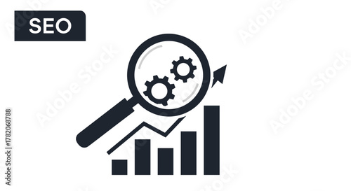 Search Engine Optimization (SEO) marketing concept with magnifying glass over gears and upward trending bar graph, representing business growth and digital strategy, isolated on a clean white