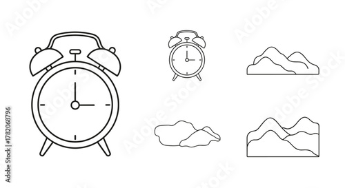 Collection of outline icons featuring alarm clocks and stylized mountain landscapes, perfect for graphic and web design, apps, adverts, and various cards. This vector cartoon illustration on a white