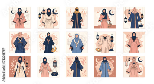 Set of 15 Islamic Fashion Templates for Social Media Posts, Featuring Women in Elegant Abayas and Hijabs, Adorned with Crescent Moons, Stars, and Traditional Lanterns, Perfect for Ramadan and Eid