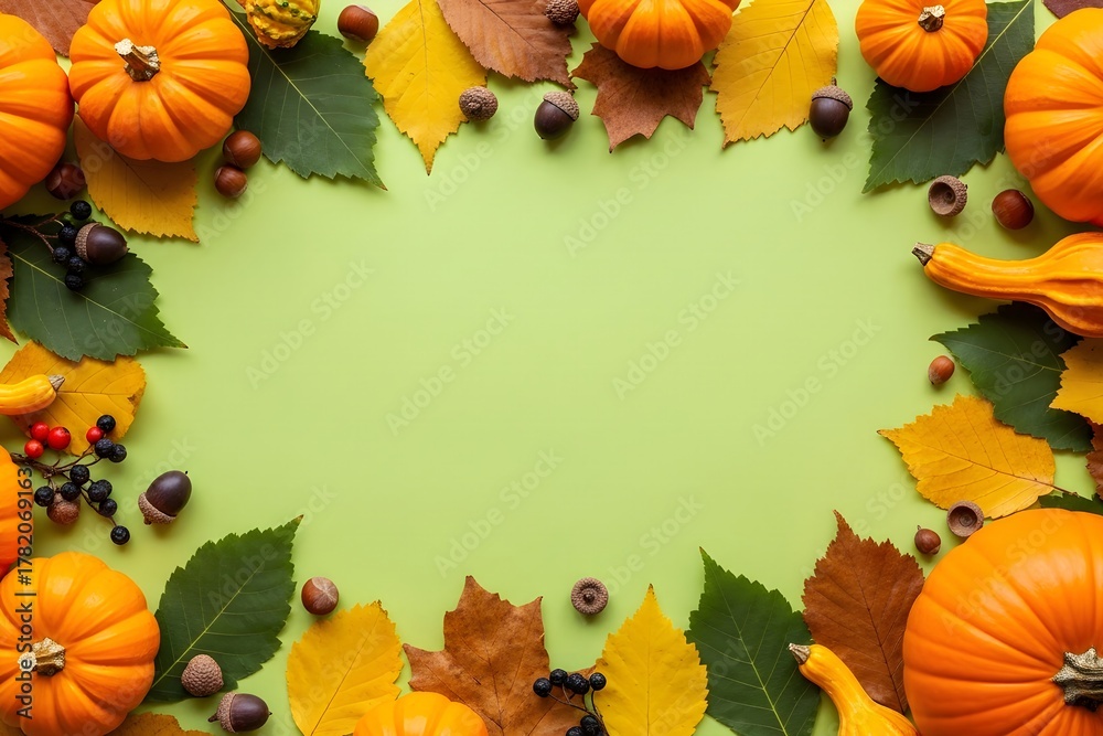 Obraz premium Frame of colorful autumn leaves and pumpkins on light green background, banner template for Thanksgiving autumn harvest Halloween or seasonal invitation, with copyspace for text.