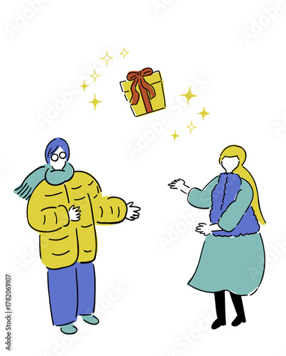 サプライズプレゼント_恋人,冬の贈り物,手描きイラスト_冬カラー｜ Surprise Gift_Lovers, Winter Present, Hand-drawn Illustration_Winter Color