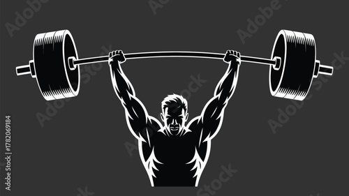 Strong man lifting heavy barbell overhead in powerlifting competition, showcasing strength, fitness and determination for sports and gym promotions