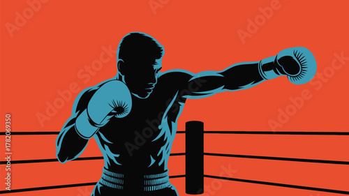 Dynamic vector art of a boxer throwing a punch in the ring for fitness, strength, or sports promotions using vibrant colors and bold graphics