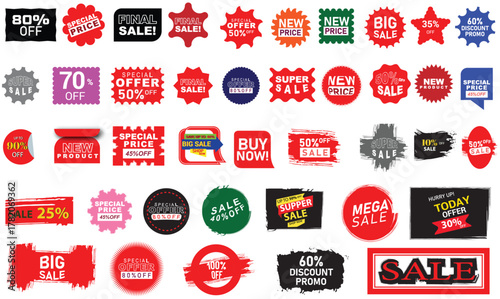 Set of red price sticker, sale or discount sticker,.brush stroke sale.price tag,quality mark, retro stars,Circle sticker,Wavy edge promo.Special offer price tag. Red starburst promotional badge set