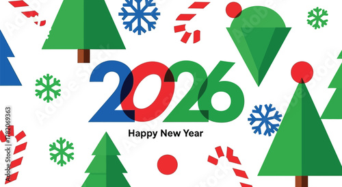 Celebrate the vibrant arrival of 2026 with festive holiday icons and a joyful Happy New Year message, perfect for seasonal promotions and greetings.
