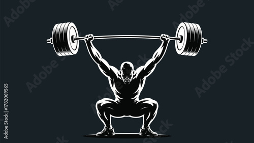 Powerful weightlifter in action demonstrates strength and determination while doing squat with barbell, perfect for fitness and sports themes