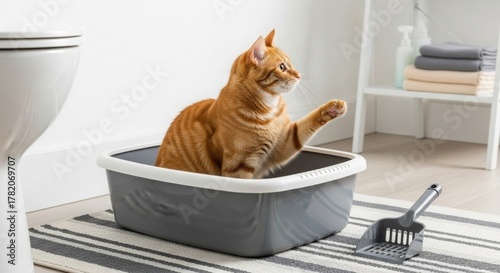 Ginger cat sitting in litter box with paw raised in bathroom  