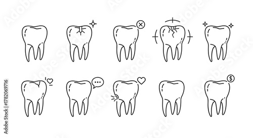 Set of minimalist thin outline icons representing wisdom teeth, showcasing various dental conditions and care concepts like cracks, sparkle, rejection, pain, love, communication, and cost, ideal for