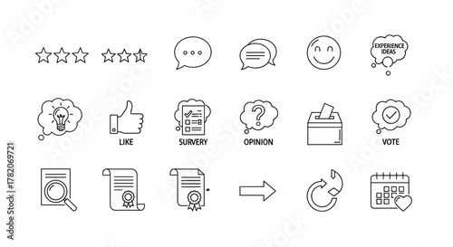 Customer feedback thin line icon set, containing rating, review, satisfaction, experience, like, comment for survey, opinion, service, vote, test, idea, and calendar icons, perfect for business and