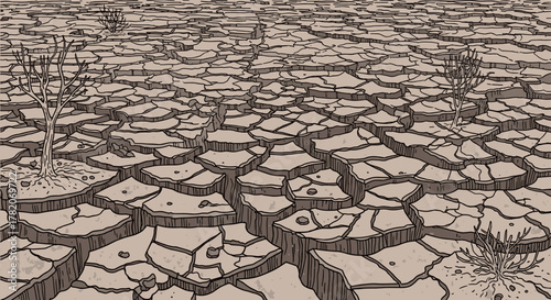 Vivid hand-drawn line art depicts a seamless, cracked earth texture in grunge style, symbolizing drought and environmental hardship with sparse, dry vegetation scattered across the barren landscape