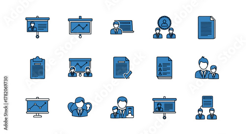 Collection of blue business and organization management icons, including manager, teamwork, strategy, marketing, business planning, training, and employee icons, presented in a solid, modern style
