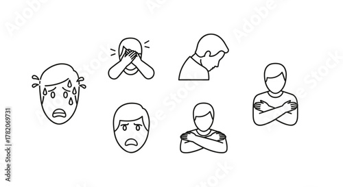Collection of outline icons representing fear and distress in social contexts, including a sweating face, a person covering their eyes, a bowed head, a person with crossed arms, and a sad face, all