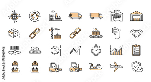Set of line icons related to supply chain, value chain, logistics, delivery, manufacturing, commerce, outline icon collection, vector illustration. Global logistics, factory, truck, cargo, conveyor