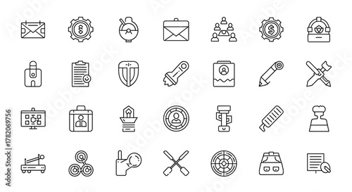 A comprehensive line icon set representing smart data, digital technology, and innovation development processes, including IoT, net-zero and carbon-neutral concepts, cloud computing, and server