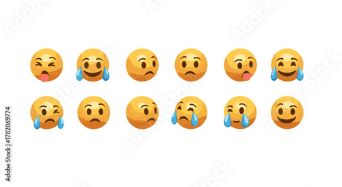 A collection of 3D realistic emoji faces expressing a range of emotions, including joy, sadness, and playfulness, presented in a clean, ordered line against a white background, perfect for digital