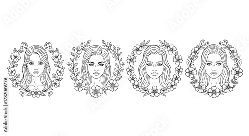 Set of four elegant line art illustrations featuring beautiful women's faces framed by delicate floral wreaths, presented on a clean white background, perfect for beauty, fashion, and lifestyle