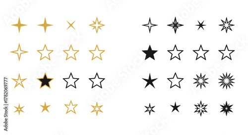 Golden and Black Star Vector Icons Collection: A versatile set of modern, simple, flat-style star icons, including four-pointed, five-pointed, and multi-pointed stars, isolated on a clean white