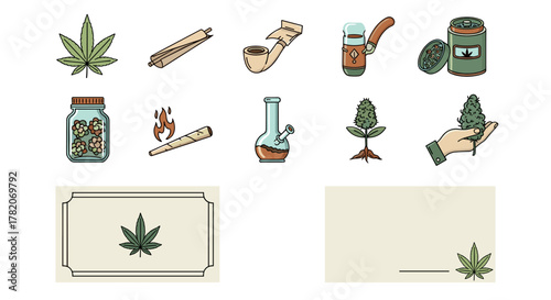 Vibrant Vintage Cannabis Logo and Business Card Vector Set: A Cartoon Illustration Featuring a Cannabis Leaf, Joints, Pipes, Bong, Grinder, Storage Jar, and Plant Growth Stages on a Clean White