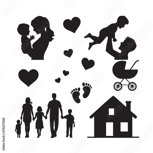 Black silhouettes of family life elements including people hearts baby carriage and house