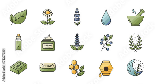 Set of 15 flat design icons representing natural cosmetic ingredients and products, including leaves, flowers, lavender, blueberries, soap, cream, essential oil bottle, beehive, honeycomb, mortar and