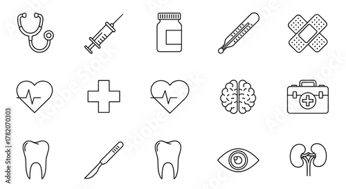 A collection of thin, editable stroke medical icons, perfect for websites, books, cards, and apps. This vector cartoon illustration features a white background and includes a stethoscope, syringe