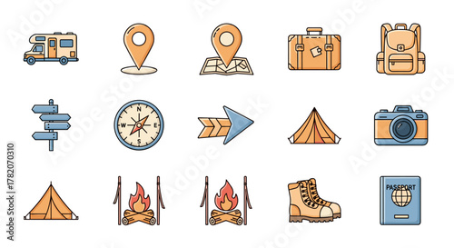 Collection of flat design travel and adventure icons, including a motorhome, map pin, suitcase, backpack, directional signpost, compass, arrow, tent, campfire, hiking boots, and passport, perfect for